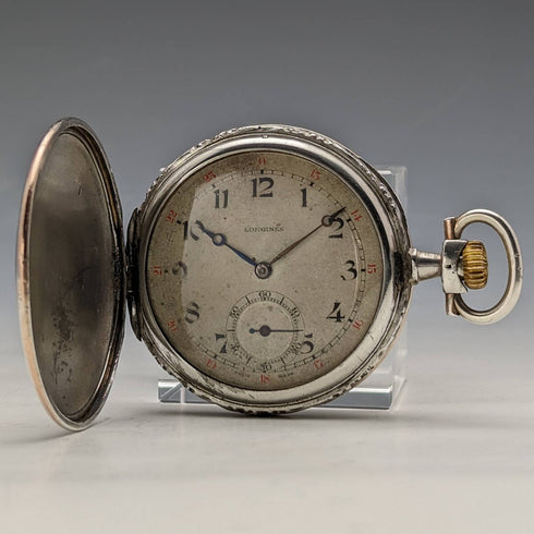 Around 1925 Vintage Longines pocket watch horse engraving hunter case on silver side works well